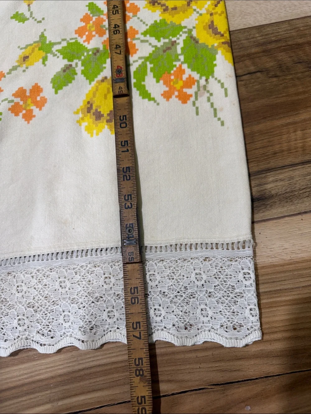 Vintage antique cross stitch fabric and lace yellow floral tablecloth 66x57